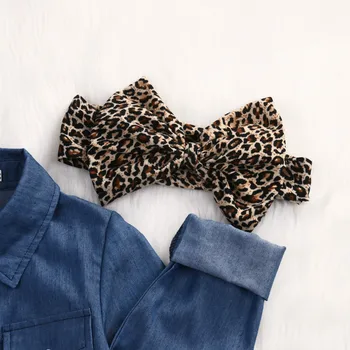 Vasarā Jauni Karstā Pārdošanas Modes Komplekts Baby Toddler Meitenes Ar Garām Piedurknēm Džinsa Krekls Leopard Mini Svārki Priekšgala Galvu Drēbes Bērniem