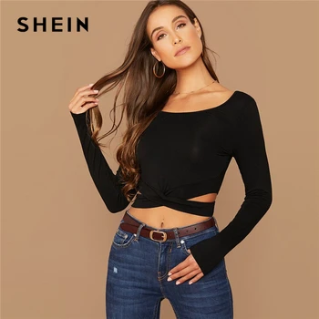 SHEIN Cietā Izgriezt Crisscross Priekšā Kultūraugu Top T-Krekls Sievietēm Pavasara Rudens Liekšķere Kakla garām Piedurknēm Sexy Stretchy Slim Fit Tshirts