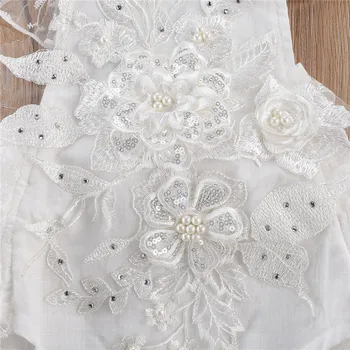 0-24M Baby Girl Mežģīnes 3D Ziedu Izšuvumi Pērle Salds Princese Romper Baltais Kvadrāts Apkakles Falbala Peld Piedurknēm Playsuit Vasaras