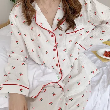 Pidžamas Komplekts Sievietēm 2020. gadam korejiešu Stilā, Ķiršu Drukāt Kokvilnas Dzijas ar garām Piedurknēm, Garās Mājas Drēbes Pidžamu Teen Meitenēm