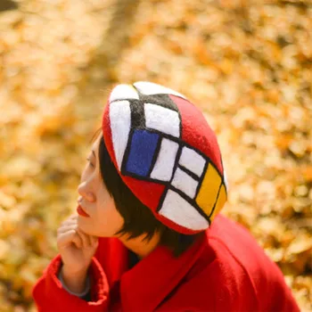 Faramita Brīvdienu Mondrian Rudens Ģeometriskā Krāsains Grafikas Sieviešu Roku Darbs, Berete Oriģinalitāti Akmens Apdares Meiteņu Cepure Klp