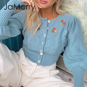 JaMerry Cēloņu zils rudens ziemas īsā sieviešu jaciņa Elegants ziedu sadalīt puff piedurknēm džemperis Modes sieviešu trikotāžas džemperis