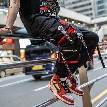 Hip Hop Joggers Kravas Bikses Vīriešiem Bloks Hit Krāsu Kabatā Dziesmu Vīriešu Treniņbikses Streetwear Vēstuli Lentes Gadījuma Melnas Bikses