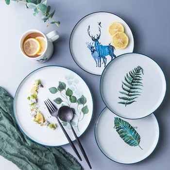Keramikas brokastis plāksnes steiks plāksnes Ziemeļvalstu galda zaļo augu modelis apaļā plāksne mājās pusdienu šķīvja restorānu pakalpojumu plate