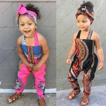 Vasaras Modes Bērni Āfrikas Dashiki Kleitu Bērniem Bazin Riche Romper Baby Girl Valsts Backless Jumpsuit Iespiesti Kostīms Puse