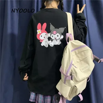 NYOOLO Japānas stila multiplikācijas filmu burtiem drukāt garām piedurknēm T-krekls sieviešu apģērbu Rudens streetwear vaļēju apkakli salds topi tee