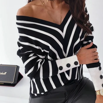 Modes Sexy Dziļu V-veida kakla Pie Pleca Kreklu Pogu Bat piedurknēm Blūze Un Topi 2019 Rudens Black-White Stripes Dāmas Krekli