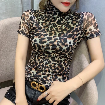 Eiropas Apģērbu Modes Sexy augstu uzrullētu apkakli Leopard Print T-krekls Sievietēm 2020 
