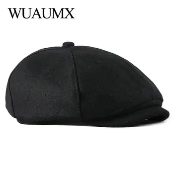 Wuaumx Zīmola Newsboy Cepures Vīriešu Vilnas Astoņstūra formas Cepure Astoņu asmens Vāciņš Melns Britu Mākslinieku Rudens Ziemas Skujiņas Dzīvoklis Vāciņi