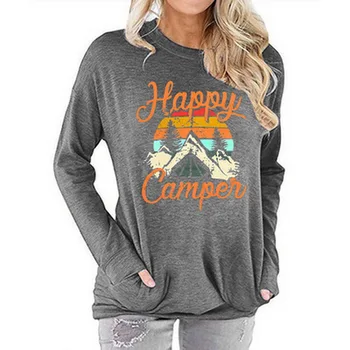 2020. gada Pavasarī, rudenī jaunu modes gadījuma dāmas kabatas džemperis Happy Camper iespiests apaļš kakla garām piedurknēm T-krekls