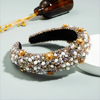 Modes biezs sūklis zelta samta auduma roku darbs fāzēm hairbands sieviešu inkrustēts pērļu ziedu galvassegu