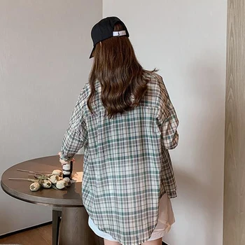 Pleds pogu up sieviešu krekls ar garām piedurknēm zaudēt gadījuma korejas modes 2021. gada vasaras topi, topi apģērbi sievietēm blusas feminina c27