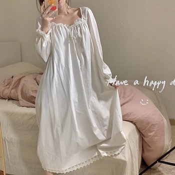 Korejiešu stilā nightdress mežģīņu izšūšanas naktskrekls kleita ikdienas mājas pakalpojumu, ilgtermiņa piedurknēm tīrtoņa krāsu sexy naktsveļu koszula nocna