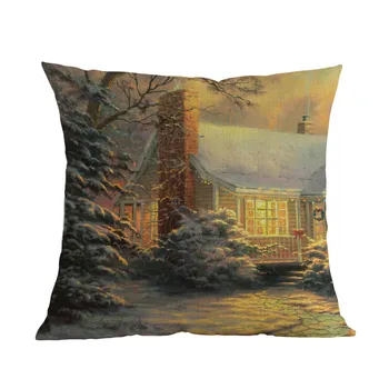 Eļļas Glezniecības Stils Ziemas Sniega Ainavu Ziemassvētku Cottage Lodge Mest Spilvens Gadījumā Mājas Dīvāns Brīvdienu Dekoratīvs Spilvens Segums