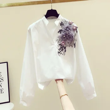 2020. gada pavasarī jaunu korejiešu modes izšuvumi apdare V-veida Kakla krekls ar garām piedurknēm sieviešu ikdienas universāls, balts krekls