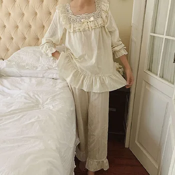 Vintage Izšuvumi Sieviešu Pidžamas Komplekti, Salda Sieviete Baltā Ērtu, Mīkstu Kokvilnas Pidžamas ar garām Piedurknēm Sleepwear Kostīmi