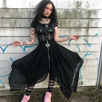 JIEZuoFang Vasaras Acs Sieviešu Svārki Zvaigžņu Rāvējslēdzēju Melnā Punk Svārki Gothic Tumsu Dāmu Svārki Gadījuma Zaudēt Streetwear Svārki