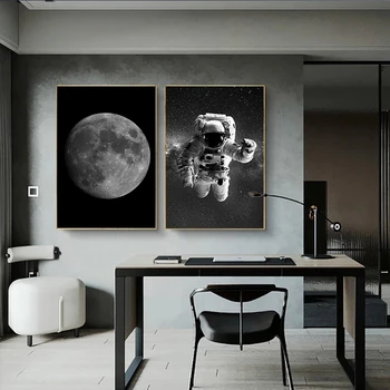 Melnā un Baltā Astronautu un Mēness Kanvas Glezna, Plakāts un Izdrukas Telpu Sienas Art Attēlus Dzīvojamā Istaba Dekori