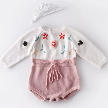 Baby Girl Bodysuit Adījumu Mazuļa Ķermeņa Rudens Jaundzimušo Jumpsuit ar Rokām izšūti ar garām piedurknēm Bērnu Meitenei Romper Princese Apģērbs