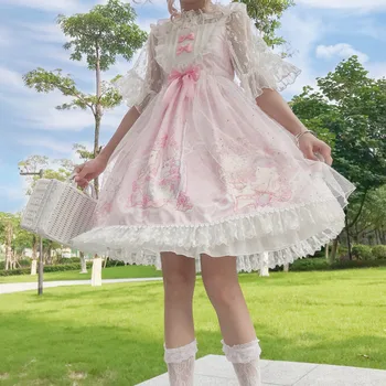 Japāņu sweet lolita kleita vintage mežģīnes bowknot gudrs drukāšanas viktorijas kleita kawaii meitene gothic lolita jsk princese loli cos