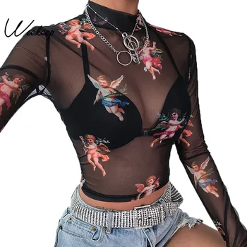Weekeep Sexy Caurspīdīgs Bodycon garām Piedurknēm t krekls Sievietēm augstu uzrullētu apkakli Eņģelis Drukāt Apgriezts t 2019 Vasaras Streetwear Apgrieztu Augšu