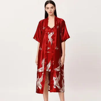 Lielgabarīta 3XL Peldmētelis Kimono Kleita Satīns Print 2GAB Nighty&Drēbes Uzvalku Intīmas Apakšveļa Sievietēm Sleepwear Naktskrekls Mājas Drēbes