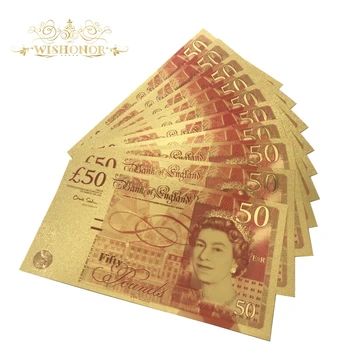 Karstā Pārdošanas 10pcs/daudz UK Krāsa Zelta Banknošu 50 Mārciņu Banknošu 24k Zelta Pārklājumu, Viltus Papīra Naudu, Lai Kolekcija