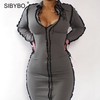 Sibybo Gadījuma Raibs Bodycon Kleita Sieviešu Modes Izšūšanas Ruffles Midi Kleitas Femme Streetwear Garām Piedurknēm Sexy Puse Kleita