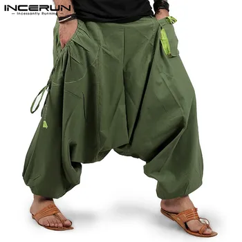 Vīrieši Harēma Bikses tīrtoņa Krāsu Joggers Streetwear Elastīgs Viduklis Brīvs Kritums Kājstarpes Bikses Vīriešu Kabatas Modes Bikses INCERUN S-5XL