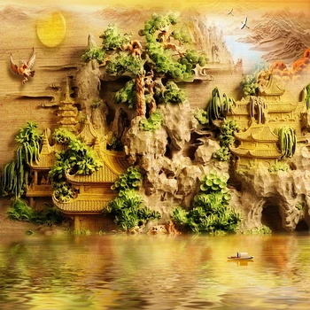 Pasūtījuma Sienas Radošo Koka Griešanai 3D Ķīniešu Stilā Kalnu Ūdens Paviljons Ainavu Fonā Sienas Gleznojums, Dzīvojamā Istaba Dekori