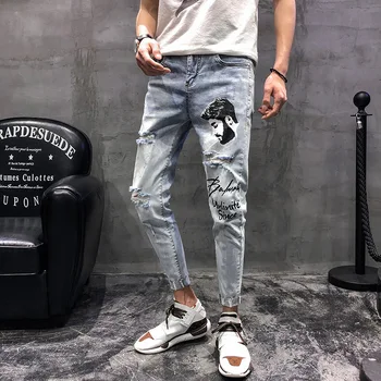 Vairumtirdzniecības 2020. gadam Džinsa Vīriešu džinsi, rudens jaunas potītes garuma bikses tendence visu saskaņot sociālās puisis zīmola caurumu iela zīmuli bikses