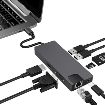 8 In 1 USB C Hub Adapteri USB C HDMI USB 3.0 2 Centrmezglu, Karšu Lasītājs, Docking Station Atbalsta SD TF VGA HDMI Gigabit LAN Strāvas Ports