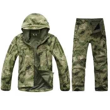 Taktiskā Sharkskin Softshell TAD Jaka + Bikses Vīriešu Maskēties Medību Drēbes Militāro formas tērpu Pārgājienu Ūdensizturīgs Kapuci Kostīmi