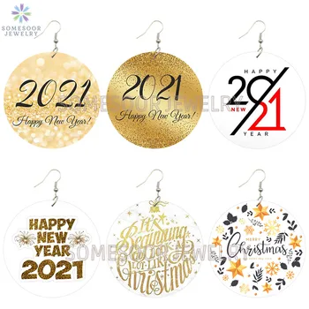 SOMESOOR Laimīgu Jauno Gadu Ir 2021. Zelta Krāsu Iespiests Koka Piliens Auskari Vintage Ziemassvētku noformējumu Cilpas Vilināt Sievietēm Dāvanas
