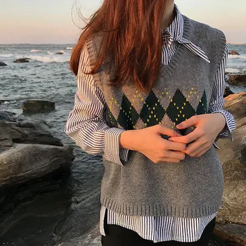 Sieviešu Džemperi, Vestes, Rudens 2020. Gadam Korejiešu Stilā Vintage Ģeometriskā Argyle V Kakla Bez Piedurknēm, Puloveri, Trikotāžas Džemperi Sieviete