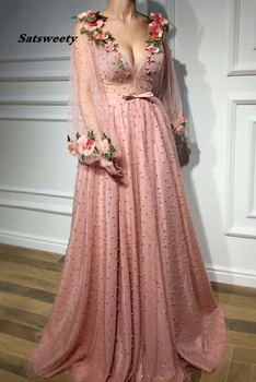 3D Ziedu garām Piedurknēm Rozā Balles Kleitas, Pērļu Fāzēm V Kakla Oficiāla Vakara Tērpi