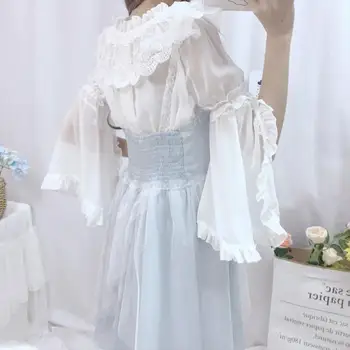 Japāņu kawaii meitene sweet lolita krekls vintage mežģīnes slash kakla izlīdzināšanu piedurknēm viktorijas krekls princese gothic lolita top cos loli