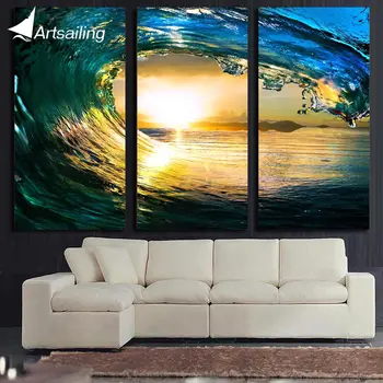 ArtSailing 3 panelis Gleznas HD sienas mākslas okeāna viļņu saulrietu jūras glezniecības mājas apdare attēlus dzīvojamā istaba Plakāti ny-5741