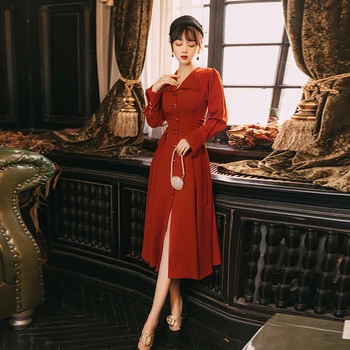 YOSIMI 2020. gadam Pavasara sarkanvīna Ilgi Sievietes Dress Vintage Pilnu Piedurknēm Vidum teļš Sieviešu Kleita Tauriņš Piedurknēm Midi Puse Kleita Elegants