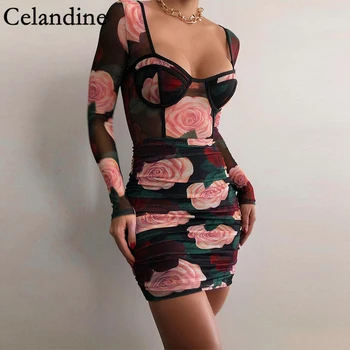 Celandine Elegants Vintage Garām Piedurknēm Bodycon Mini Kleita Sieviešu V Kakla Sexy Drukāt Rožu Kleitas Dāmas Acu Ikdienas Drēbes 2020