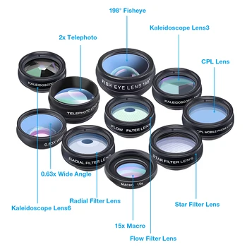 APEXEL 10pcs/lot 10 1 Tālrunis Fisheye lens kit Platleņķa makro Objektīvs CPL Filtrs Kaleidoskops+2X teleskopa Objektīvs viedtālrunis