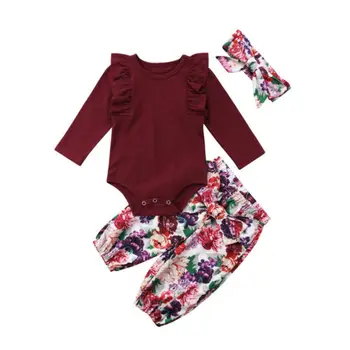 Jaundzimušais Meiteņu Apģērbi Topi Bodysuits Ziedu Bikses Kokvilnas Gadījuma Galvassegu 3Pcs Apģērbs, Apģērbu Komplekts Baby Girl 0-18M