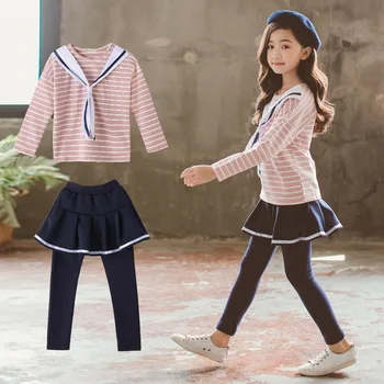 ZWF354 Bērnu Apģērbu Komplekti Meitenēm Sporta Apģērbu Navy Stilā Svītrains+Svārki, Bikses Meiteņu Sporta Kostīmi, Pusaudžu Bērniem, Treniņtērpi