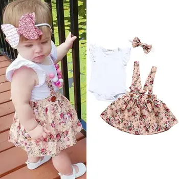 Jaundzimušā Bērna Baby Girl Apģērbu Komplekti Balto Romper+Ziedi Drukas Kleita Galvu Apģērbs Vasarā Kopumā Drēbes Playsuit
