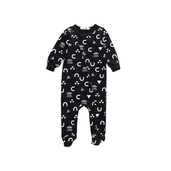 2018 Toddler Jaundzimušo Bērnu, Zēnu, Meiteņu Kokvilnas garām Piedurknēm O-veida Kakla Rāvējslēdzēju Karikatūra Modelis Drukāt Melnā Gadījuma Romper Apģērbs no 0-18M