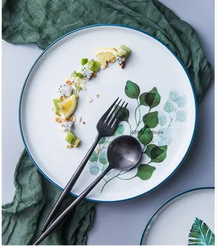 Keramikas brokastis plāksnes steiks plāksnes Ziemeļvalstu galda zaļo augu modelis apaļā plāksne mājās pusdienu šķīvja restorānu pakalpojumu plate