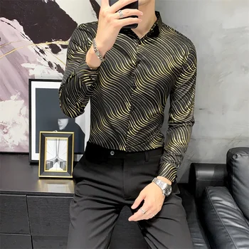 Luksusa Zelta Svītrains Vīriešu Krekls ar garām Piedurknēm Slim Fit Gadījuma Kleita Krekls Nakts Klubs Streetwear Vīriešu Apģērbu Camisas Para Hombre