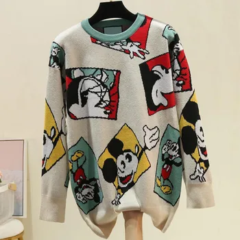 Disney Modes Minnie Mickey Mouse, Karikatūra Izdrukāt Sequined O-Veida Kakla Streetwear Gudrs Sieviešu Džemperis Trikotāžas Džemperis Ar Garām Piedurknēm Topi