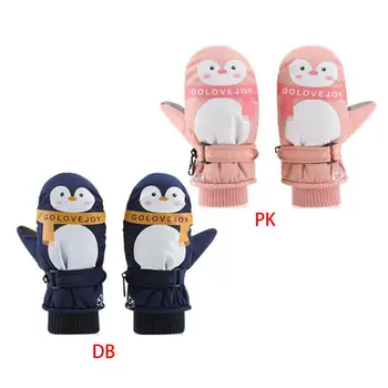 Bērni, Zēns, Meitene Karikatūra Pingvīns, Ūdensnecaurlaidīgi Cimdi Dubultā Slāņa Salātu Aproces Regulējams Anti-Slīdēšanas Ziemas Slēpošanas Pretvēja Cimdi 7-12T