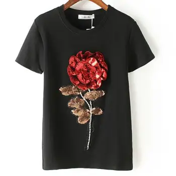 Jaunas Vasaras sieviešu sequin t krekls modes kokvilnas sieviešu rose puķu topi, t-kreklu camisetas mujer